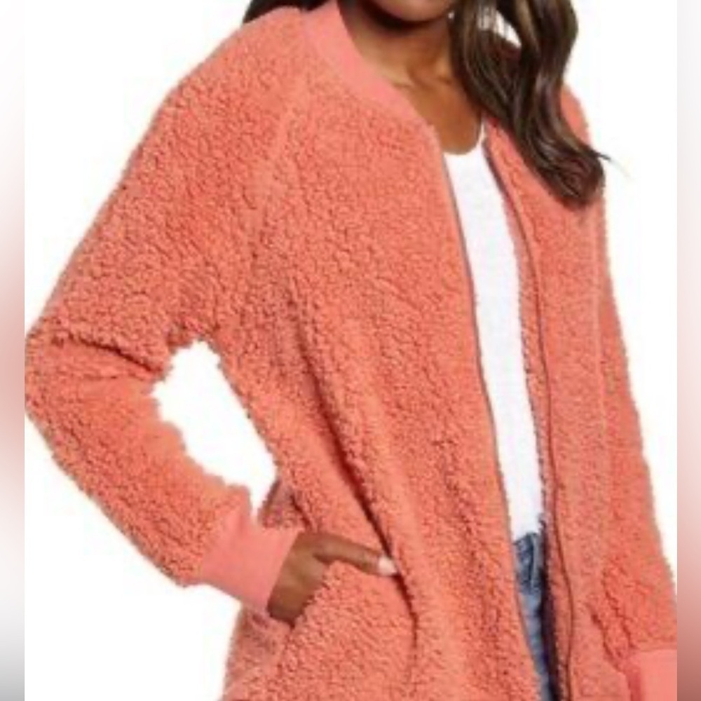 Caslon Teddy Bear Fuzzy Fleece Sherpa Coat Jacket Salmon pink color size small